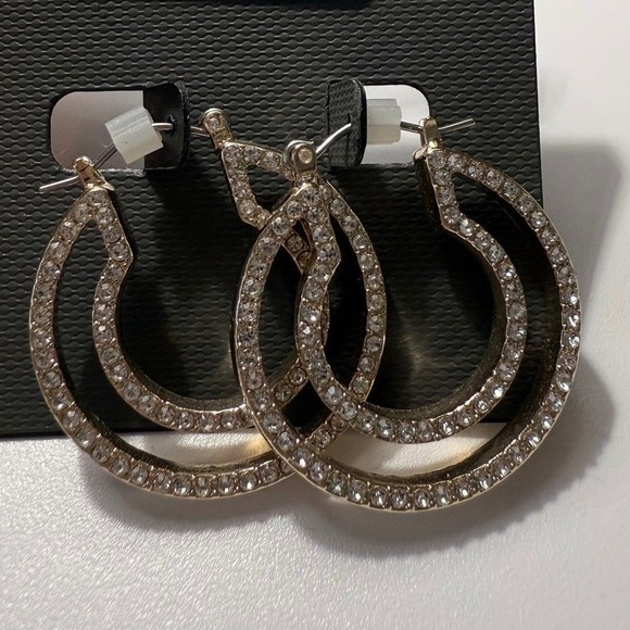 Vince Camuto Gold Tone Pave Crystal Double Hoop Earrings Click Top Closure - Picture 2 of 4